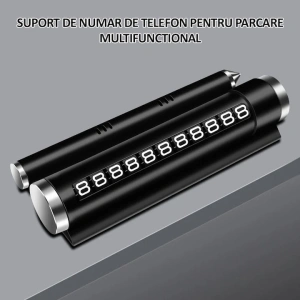 Suport numar telefon parcare auto multifunctional, suport telefon, spargere geam, compartiment parfum, aluminiu PC, negru - Img 2