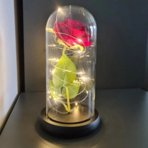 Trandafir criogenat in cupola de sticla cu lumini LED, cadou romantic pentru ocazii speciale, 22 cm, iluminare alb cald - Img 3