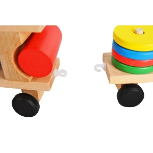 Trenulet de jucarie din lemn, 30 cm, multicolor - cu forme geometrice, puzzle arcade, locomotiva + 2 vagoane, blocuri detasabile, pentru copii 3+ - Img 10