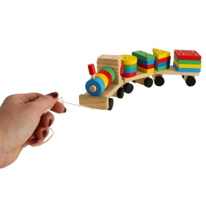 Trenulet de jucarie, locomotiva cu 2 vagoane, lemn, forme geometrice, 30 x 9 x 6 cm, multicolor - Img 5