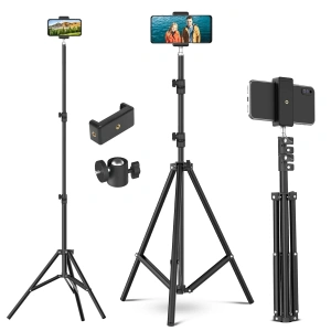 Trepied extensibil 210 cm din aluminiu cu suport reglabil pentru telefon si montura camera, stativ pliabil pentru foto video si iluminare, negru