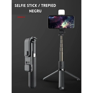 Trepied selfie stick 3in1, rotire 360 grade, lumina LED, telecomanda bluetooth inclusa - Negru - Img 6