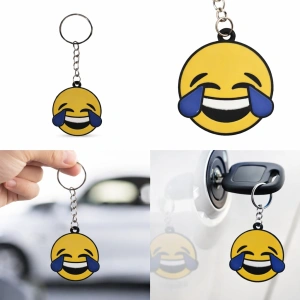 Breloc chei emoticon ras cu lacrimi, fata comica, metalic, galben, 9.8 x 3.8 cm, inel 2.6 cm, accesoriu decorativ - Img 2