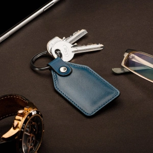 Breloc chei imitatie piele personalizabil, albastru, 9.5 x 4 cm, inel 3 cm, design elegant minimalist - Img 4