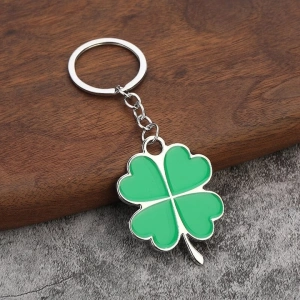Breloc trifoi cu patru foi verde, metalic, 10.5 cm, inel 2.5 cm, simbol noroc, accesoriu chei - Img 2