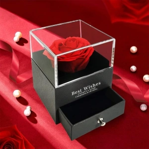 Cutie de bijuterii cu trandafir criogenat, 1 sertar, punga de cadou si felicitare, 11 x 9 x 9 cm, neagra - eleganta si emotie intr-un singur cadou - Img 2