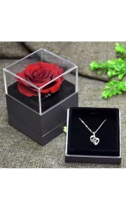 Cutie de bijuterii cu trandafir criogenat, 1 sertar, punga de cadou si felicitare, 11 x 9 x 9 cm, neagra - eleganta si emotie intr-un singur cadou - Img 12