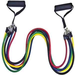 Extensor cu 5 benzi elastice de rezistenta pentru antrenament fitness, accesorii incluse, benzi din latex cu intensitati diferite, manere antiderapante, prindere la usa, saculet transport, 110 cm, mul - Img 10