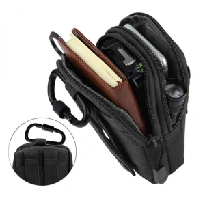 Geanta tactica neagra 18 x 12.5 x 5 cm, borseta militara Molle pentru curea, Cordura si nailon, 2 compartimente, 4 buzunare, impermeabila, capacitate 1 L - Img 4