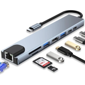 Hub adaptor multiport 8 in 1 USB-C, HDMI 4K 30Hz, Ethernet, USB 3.0, USB 2.0, Power Delivery 87W, cititor SD si MicroSD, aluminiu, gri - Img 1
