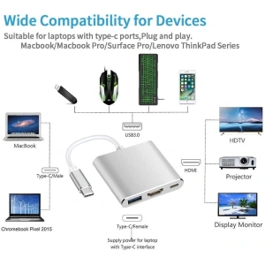 Hub adaptor USB Type-C cu HDMI, USB 3.0 si port Power Delivery, 19 cm - extindere video UHD, transfer rapid de date si incarcare simultana - Img 4