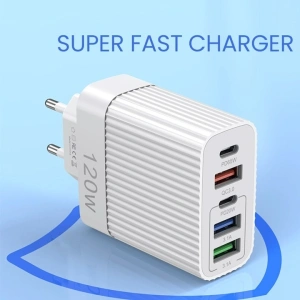 Incarcator retea 120W USB-C si USB-A 5 porturi fast charge PD universal telefon tableta alb lucios compact - Img 2