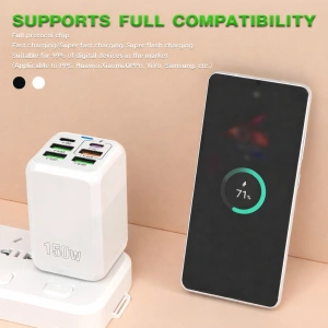 Incarcator retea 150W USB-C si USB-A 6 porturi fast charge cu display LED universal telefon laptop alb compact - Img 4