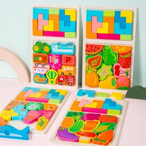 Joc tetris pentru copii, puzzle educativ, masini, lemn, 21 piese, Montessori, multicolor, 28.5 x 17 x 1.2 cm - Img 2