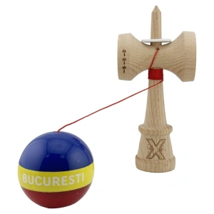 Kendama profesionala din lemn, editia Bucuresti tricolor, Super Sticky, cupe mari King Size V3, rulment metalic, gaura in baza, 18 cm, multicolor