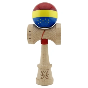 Kendama profesionala din lemn, editie Tricolor si UE, Super Sticky, cupe mari King Size V3, rulment metalic, gaura in baza, 18 cm, multicolor - Img 5