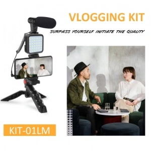 Kit profesional pentru vlogging,trepied,suport telefon,microfon,mini panou LED + telecomanda Bluetooth - Img 3