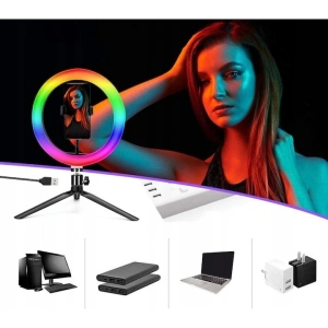 Lampa inelara LED RGB 26 cm cu doua trepiede, suport telefon si telecomanda, iluminare reglabila, inaltime 220 cm, USB 5V - Img 2