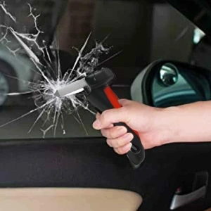 Maner auto 4 in 1 pentru siguranta masina, ciocan geam cutter centura lanterna LED si sprijin, rosu negru - Img 3