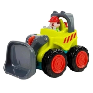 Mini buldozer pentru copii, verde lime cu gri antracit, 6.7 x 5.5 x 4 cm, utilaj de constructie cu lama mobila, roti mobile, ambalaj PVC