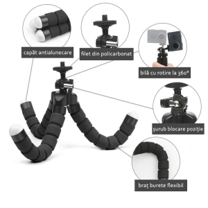 Mini trepied flexibil pentru telefoane,gopro, fara suport,filet universal 1/4 - Negru - Img 2
