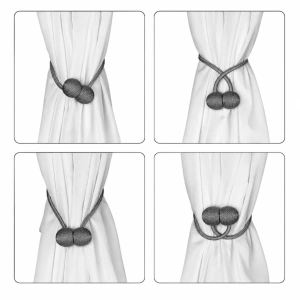 Pachet 2 accesorii magnetice pentru perdele, snur textil impletit, 44 cm, gri antracit - Img 2