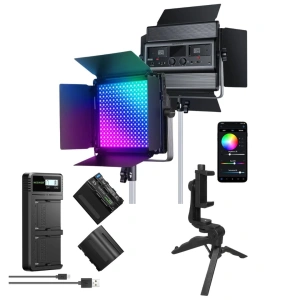 Pachet RBG1200 Lampa Video LED RGB 60W 2500K-8500K cu 2 baterii NP-F970, incarcator rapid dual si mini trepied inclus