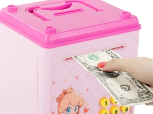 Pusculita pentru copii, tip seif, cu cod PIN, plastic, 18.5 x 13 x 11 cm, roz - Img 4