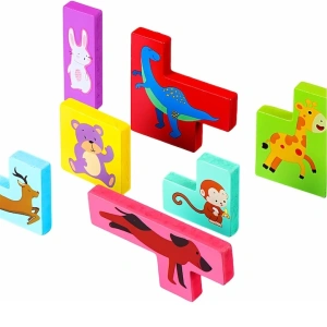 Puzzle 3D pentru copii, tip tetris, model animale, educativ, lemn, 7 piese, 16 x 13.5 x 1 cm, multicolor, +4 ani - Img 2