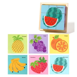 Puzzle educativ din lemn cu 9 cuburi rotative, 6 imagini cu fructe, joc Montessori pentru dezvoltarea gandirii si coordonarii, 11 x 11 x 3.2 cm, Multicolor
