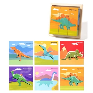 Puzzle educativ din lemn cu 9 cuburi si 6 imagini, model dinozauri, joc de dezvoltare pentru copii 4-6 ani, 11 x 11 x 3.2 cm, multicolor