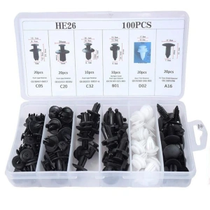 Set 100 clipsuri auto universale pentru fixare, din plastic rezistent, alb/negru, cu cutie compartimentata