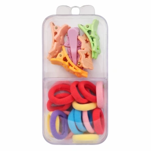 Set 18 elastice par 1.5 cm si 5 cleme mini model steluta, cutie organizator transparenta, multicolor