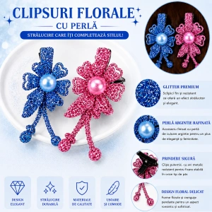 Set 2 agrafe de par bleu si roz 5 x 2 cm, model floral metalizat, accesorii moderne pentru par, fixare sigura - Img 4