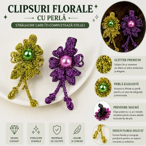 Set 2 agrafe de par verde si mov 5 x 2 cm, model floral metalizat, accesorii elegante cu design floral - Img 4