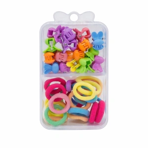Set 25 elastice textile 1,5 cm si 16 cleme mini model ursulet, cutie organizator transparenta, multicolor - Img 1