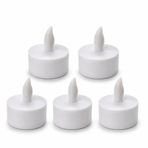 Set 5 lumanari decorative LED albe 4.1 x 3.9 cm, iluminare galbena, efect flacara, 15 baterii LR41 AG3 incluse, pentru decor mese, sarbatori si evenimente
