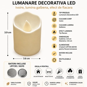 Set 5 lumanari decorative LED ivoire 3.9 x 3.6 cm, lumina galbena efect flacara, 10 baterii LR1130 AG10 incluse, decor luminos pentru petreceri, mese si sarbatori - Img 2