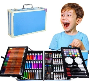Set de desen si pictura pentru copii, 145 piese, valiza portabila din metal cu sertare, creioane, markere, acuarele, pasteluri, pensule si accesorii, organizare completa, albastru