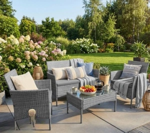 Set mobilier gradina technoratan 4 piese, canapea 2 locuri, 2 fotolii, masa cu blat sticla si perne gri inchis - Img 4