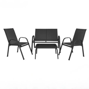 Set mobilier pentru balcon si terasa, canapea 2 locuri, 2 scaune si masuta cu blat din sticla securizata, cadru metalic, negru - Img 4