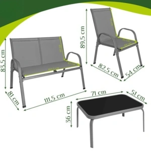 Set mobilier pentru balcon si terasa, canapea 2 locuri, 2 scaune si masuta cu blat din sticla securizata, cadru metalic, gri - Img 7