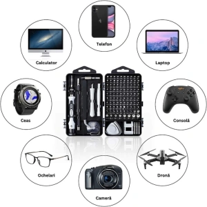 Set surubelnite de precizie 115 in 1, cu 98 biti magnetici si accesorii, maner ergonomic, extensii flexibile, pentru electronice si reparatii fine - Img 4