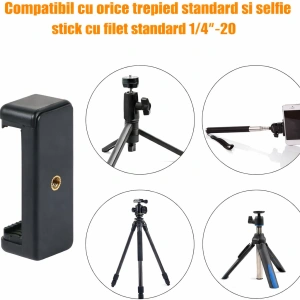 Suport universal pentru telefon cu montura trepied 1/4 inch, adaptor smartphone reglabil pentru monopied, selfie stick si mini trepied, negru - Img 2