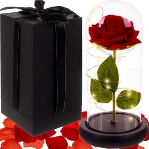 Trandafir criogenat in cupola de sticla cu lumini LED, cadou romantic pentru ocazii speciale, 22 cm, iluminare alb cald - Img 10
