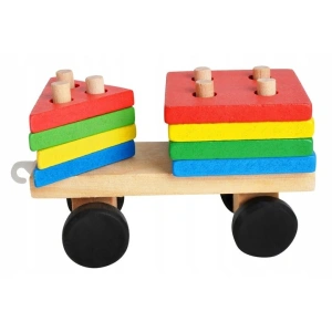 Trenulet de jucarie din lemn, 30 cm, multicolor - cu forme geometrice, puzzle arcade, locomotiva + 2 vagoane, blocuri detasabile, pentru copii 3+ - Img 7
