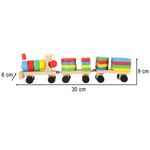 Trenulet de jucarie, locomotiva cu 2 vagoane, lemn, forme geometrice, 30 x 9 x 6 cm, multicolor - Img 2