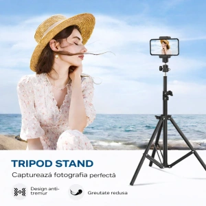 Trepied extensibil 210 cm din aluminiu cu suport reglabil pentru telefon si montura camera, stativ pliabil pentru foto video si iluminare, negru - Img 8