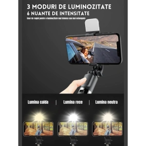 Trepied selfie stick 3in1, rotire 360 grade, lumina LED, telecomanda bluetooth inclusa - Negru - Img 3