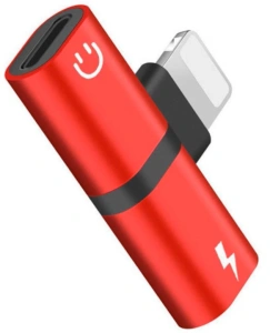 Adaptor Lightning 2 in 1, rosu, splitter pentru incarcare si casti audio, conector dual compact pentru telefon, utilizare simultana audio si alimentare